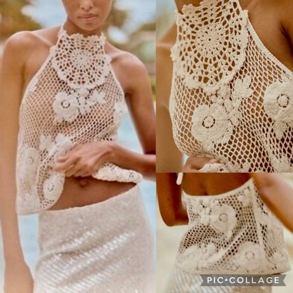 Zara Boho Ecru Floral Cotton Crochet Halter Strappy Top Size S - Picture 16 of 16